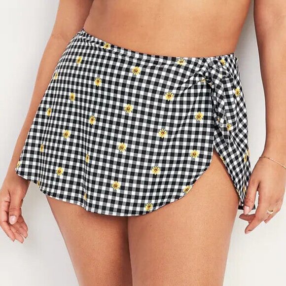 NWT Old Navy Wrap-Front Side-Tie Sarong Swim Skirt Black White Gingham Women - Picture 4 of 4